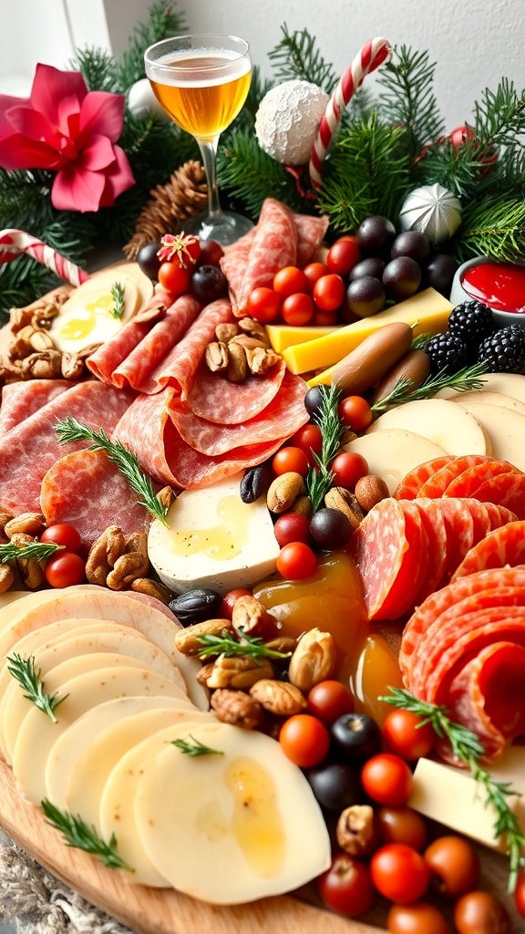 A colorful Christmas charcuterie board with meats, cheeses, fruits, and nuts, garnished with herbs and honey.